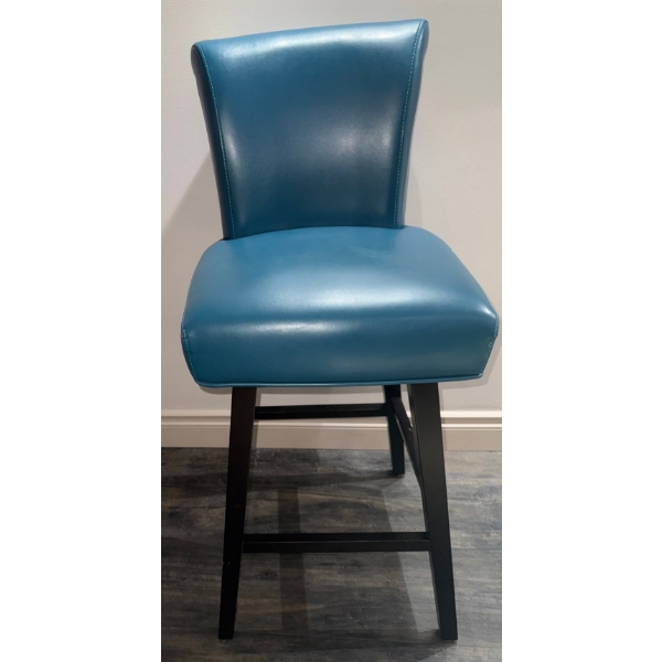 Blue Swivel Counter Bar Stool W/High Back & Wooden Legs  Leather Bar Chair
