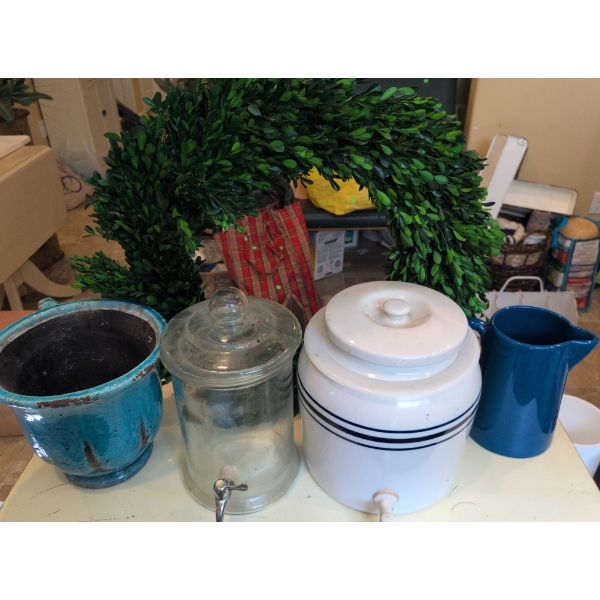 Household Decor with Pitcher, Planter, Dispensers, and Faux Wreath