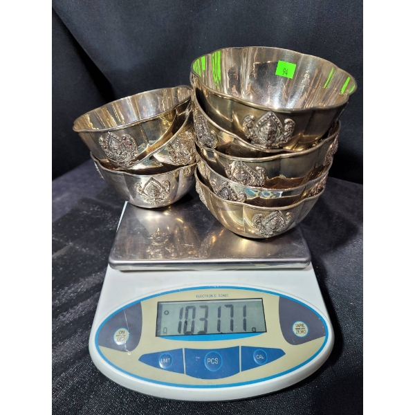 8 Made in Siam Sterling Silver Bowls with Decorative Motifs