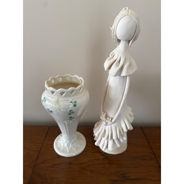 Irish Belleek Vase and White Figurine, Porcelain