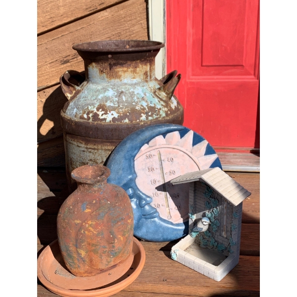 Antique Cream Can, Bird Decor, pottery Decor and Sun/Moon thermometer decor