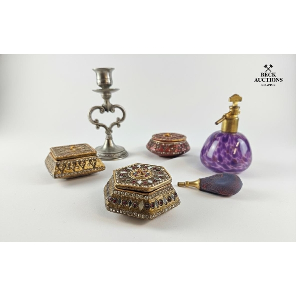 Collection Of Vintage Decorative Items Includes An Antique Perfume Bottle And Decorative Boxex.