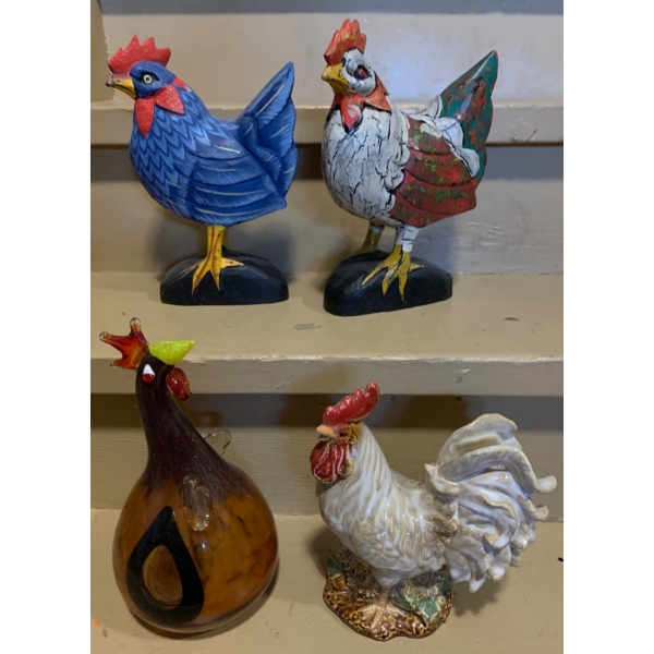 Decorative Chickens Made of Ceramic, Glass, and Wood- Tallest 10 T