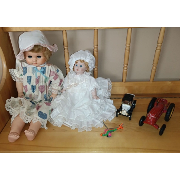 Vintage Doll Collection Plus Metal Car, Tractor, Helicopter Toys 