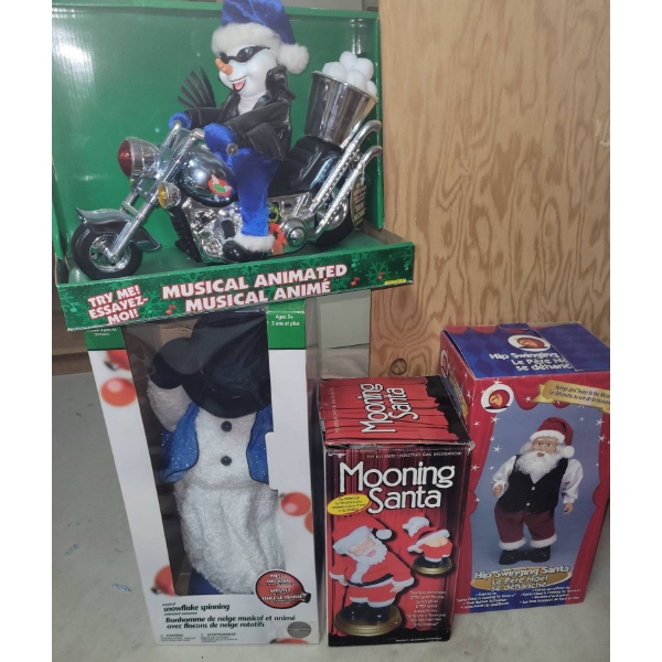 4 Musical Animated Holiday Toys Including Santa, Snowman, and Motorcycle Toy