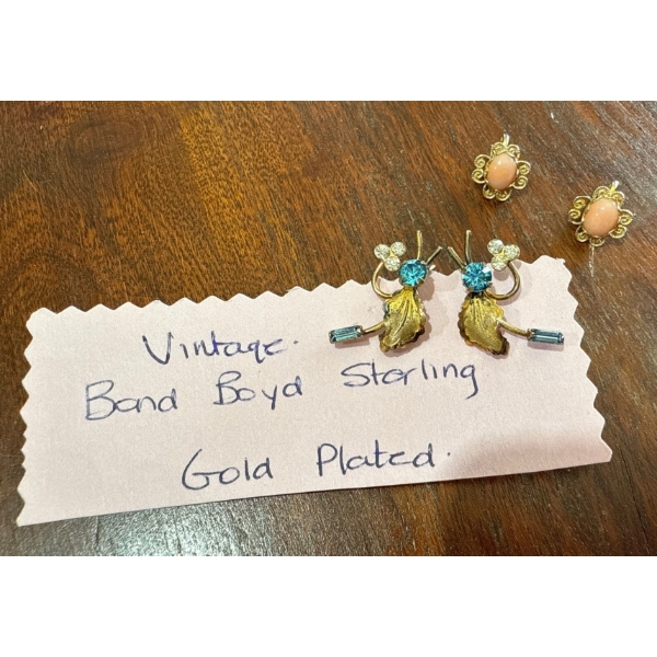 Vintage Bond Boyd Sterling Earrings, Gold Plated, w/ Clip On Earring Pair w/ Pink Colored Stone