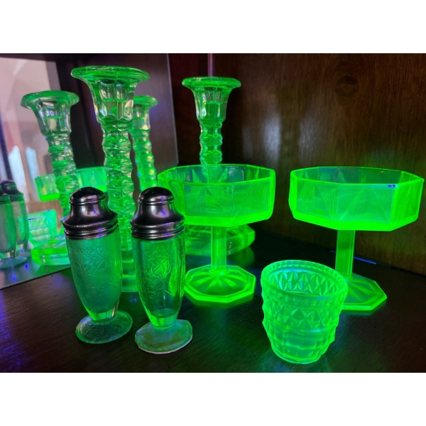 uranium glass candle holders two martini glasses, a shot glass and salt and pepper shakers
