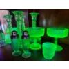Image 1 : uranium glass candle holders two martini glasses, a shot glass and salt and pepper shakers