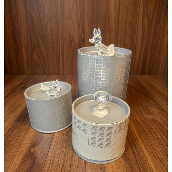 Three Crystal Figurines with Decorative Cylindrical Containers