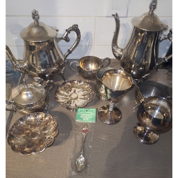Assorted Metalware: Teapot, Coffee Pot, Cream & Sugar, Goblets and More!