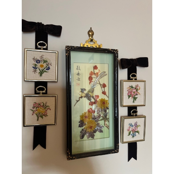 Collection of small pictures and collectible, hummingbird plates along with a Asian themed vintage s