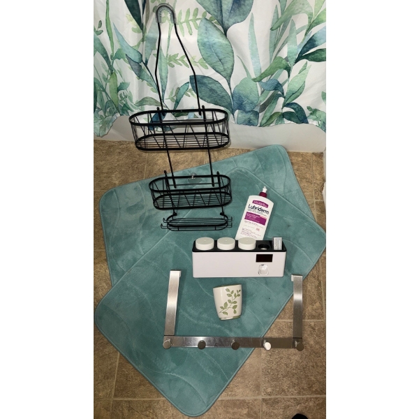 Bathroom Must Haves - Botanical Shower Curtain Memory Foam Bath Matts Black Shower Caddy & More