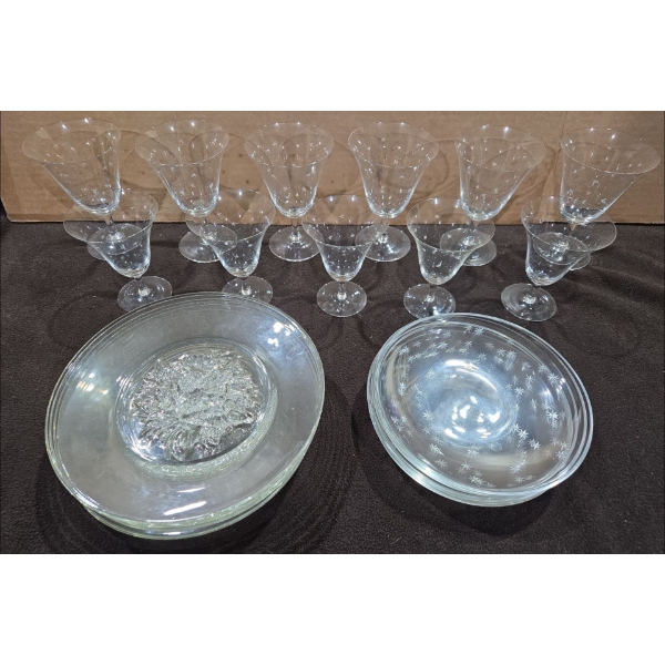 Star/Snowflake Etched Glassware Plates + Cups & Floral Etched Dessert Plates