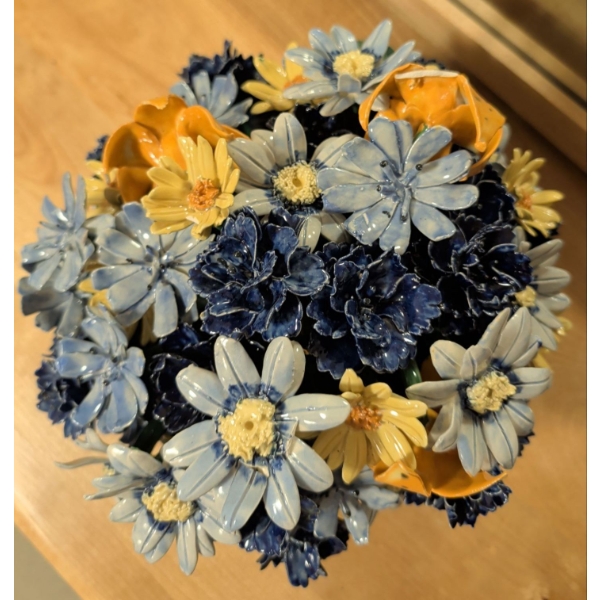 Decorative Porcelain Floral Centerpiece In Shallow Vessel 9"L