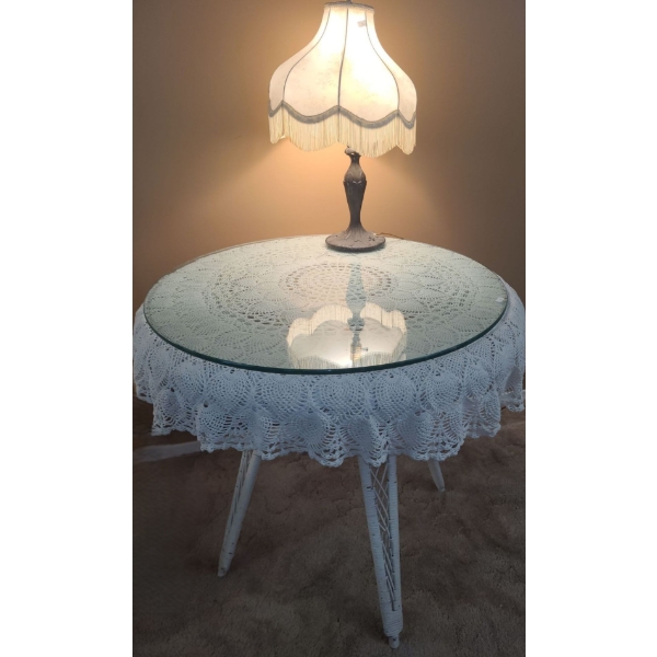 Wicker Dining Table 33 T w/ Lace Tablecloth and Glass Topper, Lamp 24 T to Finial