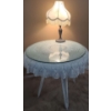 Image 1 : Wicker Dining Table 33 T w/ Lace Tablecloth and Glass Topper, Lamp 24 T to Finial