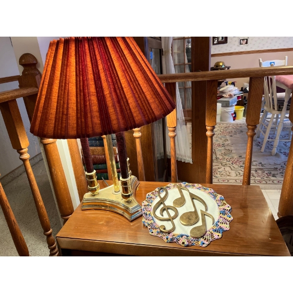 retro brass and marble three pedestal lamp with brass music notes lamp is 22 “ high