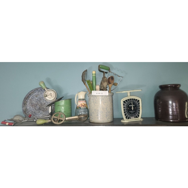 Vintage Kitchenware, Egg Beater, Flour Sifter, Hosehold Scale, Utensil Crocks & more