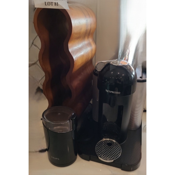 Nespresso Vertuo Machine, Krups Coffee Grinder, Curved Wood Wine Rack