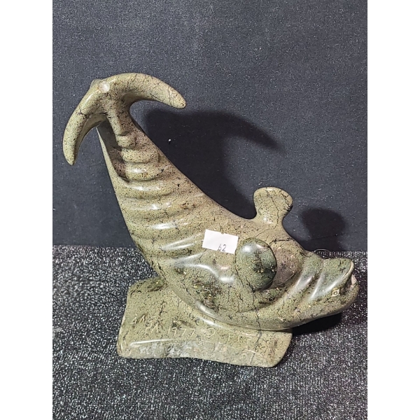 Soapstone Carving of Narwal, Artist: Unknown, 6.5 W, 3.5 D, 8.5 T 