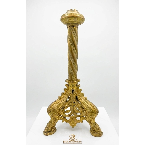 Gilded Metal Stand With Ornate Design, 21 Inches Height