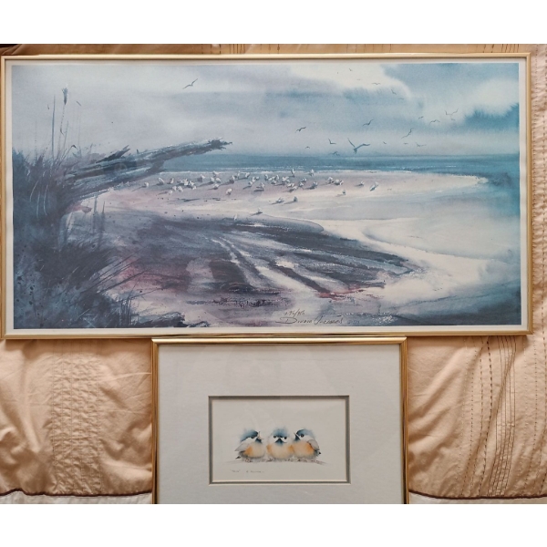 Sea Print By Donald Oookefees? (30x16) & 'Trio' Bird Print By V. Pfeiffer 