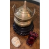Image 2 : Chinese Brass Tripod Censer w/lid  Footed w/Stand + Asian Collectible Trinkets
