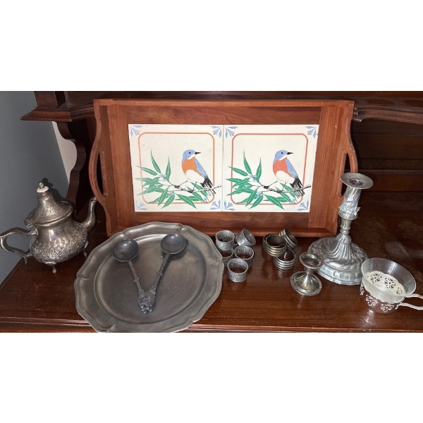 Pewter - Tray, Spoons, Candle Holders (Damage), Silver Colored Illegible Stamp Pot, TSG Ceramic Tray