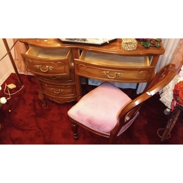 Wooden Vintage Desk (44W, 18D, 31T) w/ Pink Velvet Chair, Contents NOT Included 