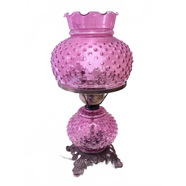 Pink Hobnail Glass Electric Table Lamp with Metal Base