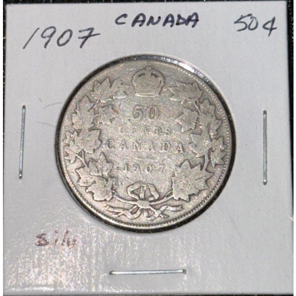 1907 Canadian 50 Cent Coin 92.5% Silver 11.62 Grams