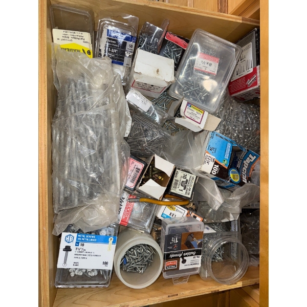 Large Drawer Full Of Various Hardware- Nails, Screws, & More