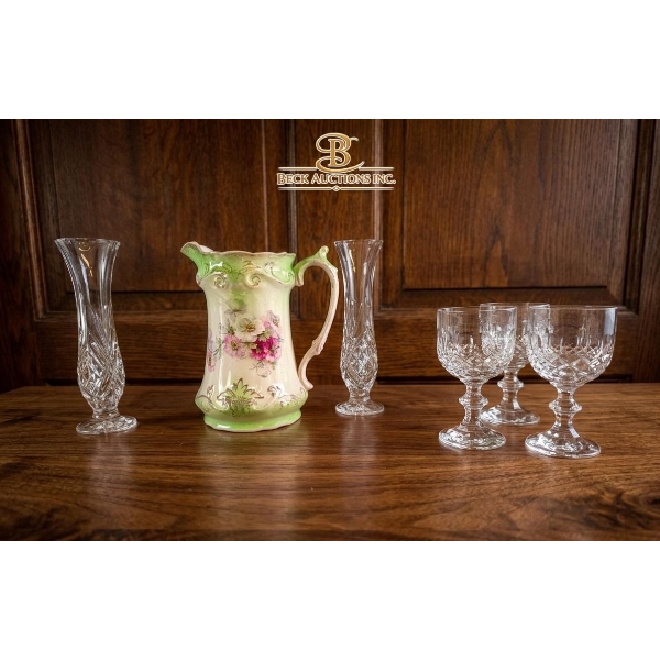 "Royal Victoria Pottery" Hand-Painted Floral Porcelain Pitcher, Wine Glasses And Crystal Vases. 