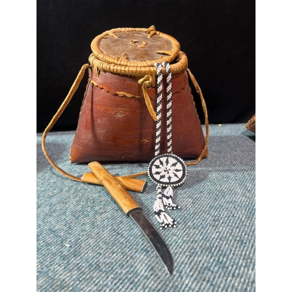 Birch Bark Bag (9"w x 7"tall)w/Indigenous Bead Work & Wooden Handle Paring Knife