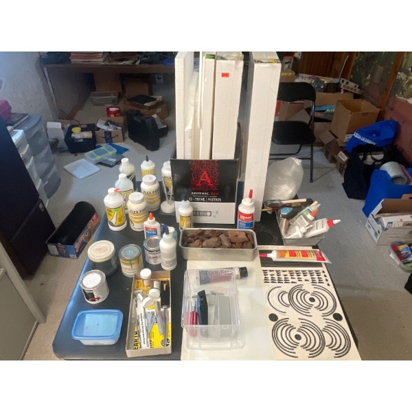 Large Lot of Crafting Supplies, Foam Sheets and Blocks, Paste and Glue, Plaster, Decals and Paint.