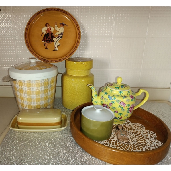 Assortment of Vintage Kitchen Items- Tea Pot, Cannisters, Butter Dish & More