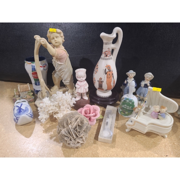 Assorted Household Decor Including: Resin Boy w/ Scooter Figurine 4.5 W, 8 D, 12 T, Coral and More!