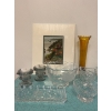 Image 1 : Assortment of decorative glassware, including a tall amber vase and various crystal pieces. Art piec