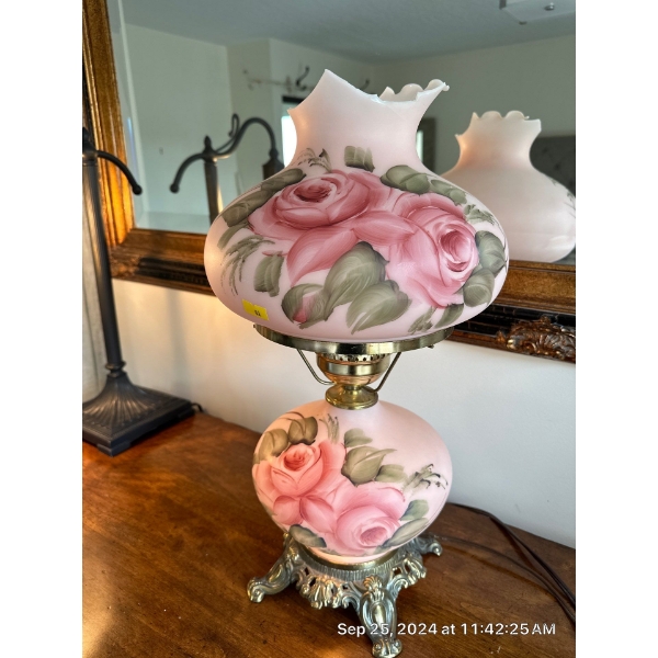 Victorian Style Hand Painted Lamp with Damage to Shade, Bottom & Top Light Up - 20T 