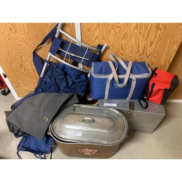 Outdoor and Camping Gear Including GSW Monarch Ware Basin, Coolers, and Storage Trunk