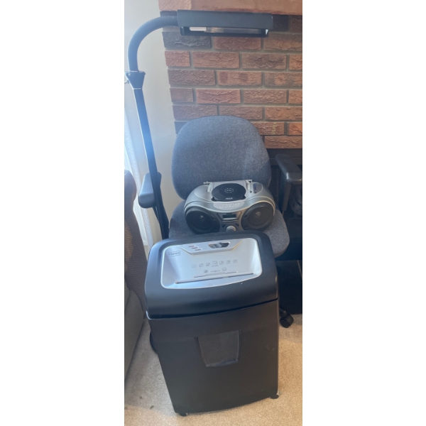 Office Furniture & Items  Chair on Castors, Paper Shredder, Adjustable Lamp & RCA Ghetto Blaster w/ 