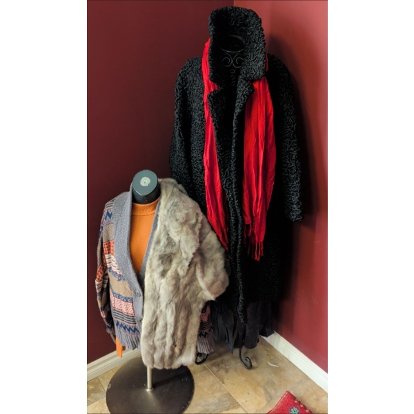 1940 Black Curly Persian Lamb Overcoat w/ Genuine Fur Shrug Royal Robbins Cardigan & More