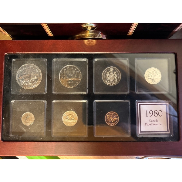 1980 Seven-Piece Mirror Proof Coin Set in Mahogany Finish Case, plus Bonus Twelve Arctic Expedition 