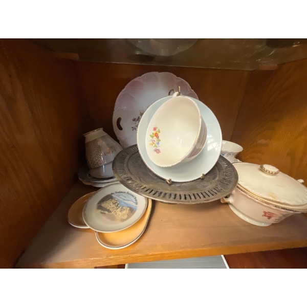 collection of China sugar, bowls, and other serving dishes, shelf six