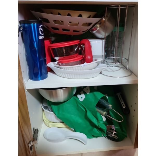 Assorted Kitchen Necessities Includes: Corning Ware Pots, Storage Containers, Kitchen Utensils