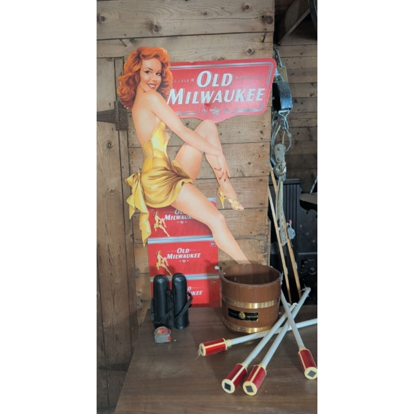 Old Milwaukee Lifesize Pin Up Babe w/ Matching Tape Measure Ice Bucket 2 Insulated Tumblers & More 