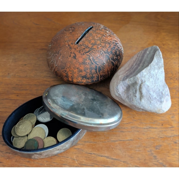 Unique Coin Bank w/ Pewter Trinket Box (& Contents) w/ Fossil Rock 