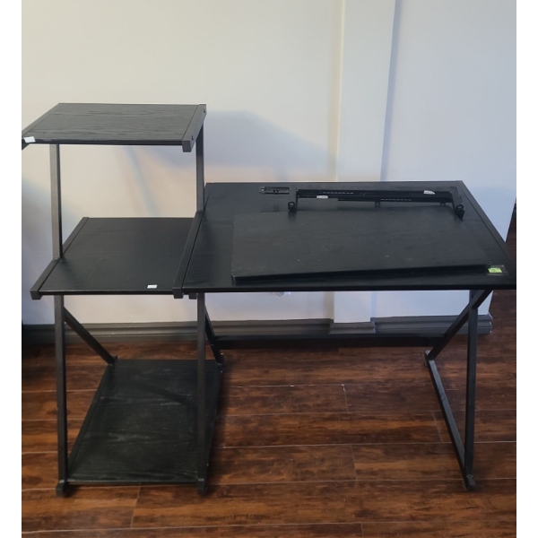 Black Modern Desk w/ Attached Shelving Unit 48 W, 22 D, 40 T 