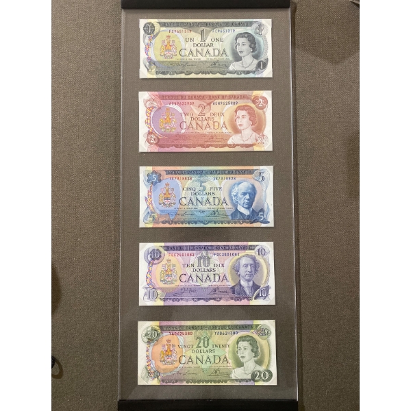 Framed Sequential Canadian Banknotes ($1 to $20) Featuring 1973 Series