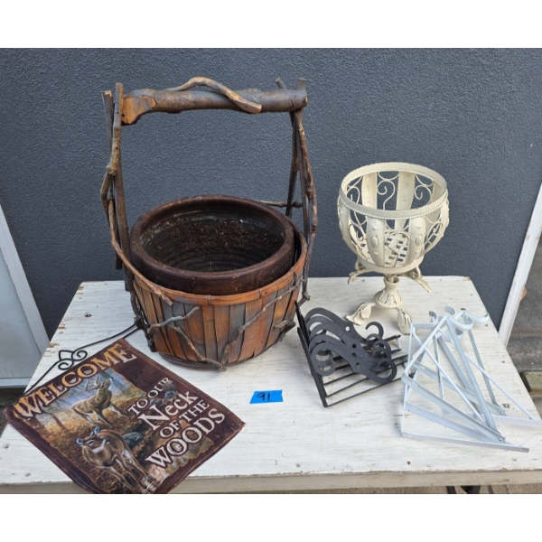 Rustic Decor Lot Featuring Wooden Basket, Metal Sign, and Hardware